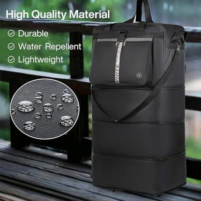 42 Inch Expandable Large Travel Duffel Bag with 5 360° Spinner Wheels & Security Lock & 2 Straps- Oxford Cloth Waterproof Lightweight Foldable Suitcase, Collapsible Luggage with Shoulder Strap, Black - color: Black with Lock & 2 Straps