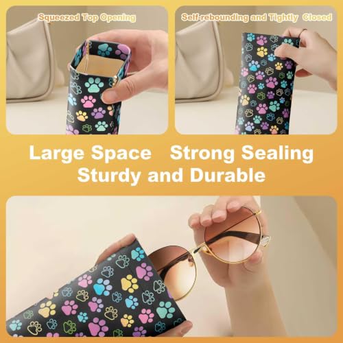 Soft Sunglasses Case for Women, PU Leather Squeeze Top Glasses Case - color: Multicolor Dog Paws
