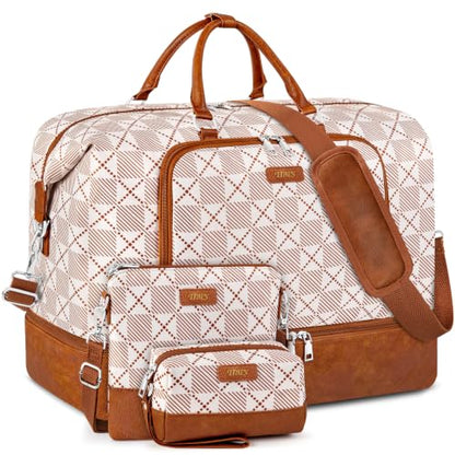 TIBES Travel Weekender Bag for Women, Overnight Bag with Shoe Compartment - color: X-Brown Plaid