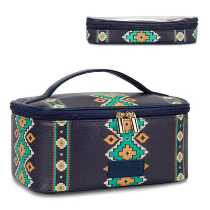 Wrangler Travel Makeup Bag 2pcs Set Cosmetic Bag with Makeup Brush Holder - color: Aztec-Blue