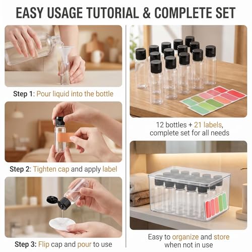 12Pcs 20ml Clear Plastic Flip Cap Toiletry Bottles with Stickers - color: B, size: 20ML/0.7oz