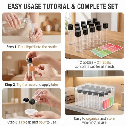 12Pcs 20ml Clear Plastic Flip Cap Toiletry Bottles with Stickers - color: B, size: 20ML/0.7oz