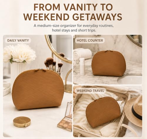 Standing Fold Down Parallel Travel Makeup Bag for Women, Cosmetic Organizer with Multi-Compartments, Stand Bag Organizes skincare, Makeup and Brushes (Premium Version, Vicuna, Medium) - color: Vicuna