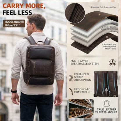 Full Grain Leather Backpack for Men, 16" Laptop Travel Rucksack, Brown - size: fits 16" laptop