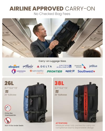 Fanwoli Rolling Travel Backpack with One-Button Vacuum System, 55L, Blue - color: Blue