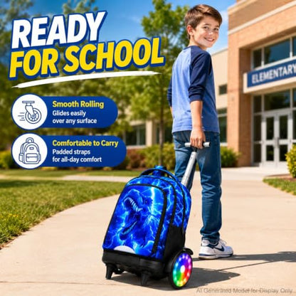 20 Inches Large Wheels Rolling Backpack for Boys with Light Up, 3Pcs Kids Lightning Dinosaur Wheeled Backpack Set for Elementary School (Blue) - color: Lightning Dinosaur(large Wheels)