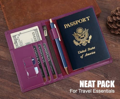 STAR VISTA Phoenix Leather Passport Holder, Calfskin Travel Wallet - RFID Blocking, ID Window, Zipper Pocket, Pen & Notebook Included, Violet - color: Purple B