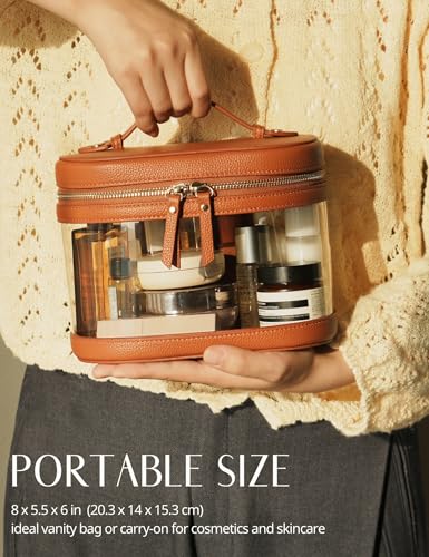 Popvibe Travel Makeup Case Clear Vanity Bag with Brush Holder, Compact Leather Train Case Brown Make Up Bag Storage Organizer Luxury Cosmetic Case Travel Essentials Cute Portable with Handle - color: Brown, style: Train Case