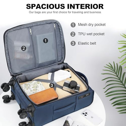 KROSER Softside Expandable Carry On Luggage with Front Business Pockets，20 Inch Suitcases with Spinner Wheels & Built-in TSA Lock, Durable Suitcase Rolling Luggage with USB Port, Haze Blue - color: Haze Blue-20, size: 20 inch