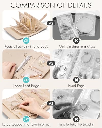 VLANDO Jewelry Travel Organizer,Loose-Leaf with Clear Velvet Pouches,Toffee - color: 02.Toffee