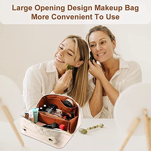 Cessfle Large Capacity Travel Cosmetic Bag Plaid Checkered Makeup Bag Portable Leather Waterproof Skincare Bag with Handle and Divider for Women 01-White - color: 01-White