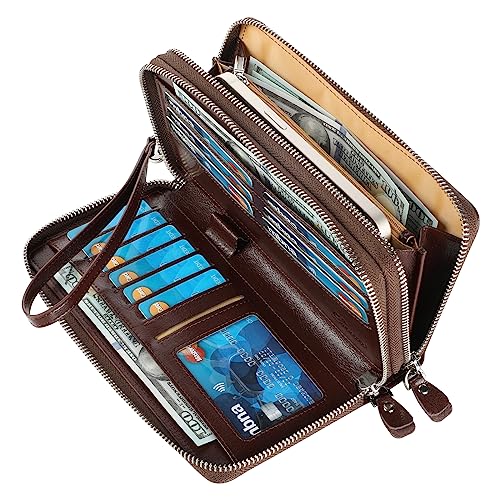 Lavemi Women's 100% Leather Double Zipper Large Capacity RFID Blocking Phone Holder Clutch Travel Purse with Wristlet Strap(Double Zipper Coffee) - color: 2-waxed Coffee, size: One Size