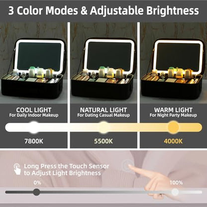 15“×11“Professional Makeup Train Case,Large Waterproof Travel Makeup bag with Mirror and Light, Leather Black Make up Bag with Mirror and Light,Led Makeup Case with Adjustable Dividers - color: Black, style: Non-removable