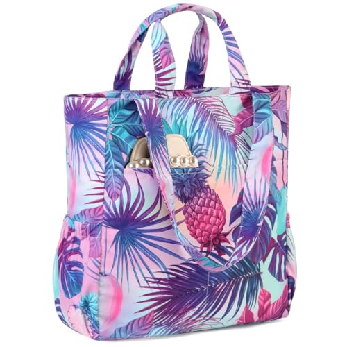 VASCHY Beach Tote Bag for Women, Lightweight Water Resistant Fold-able Large Pool Tote Bag w Zipper for Vocation - color: Purple Pineapple