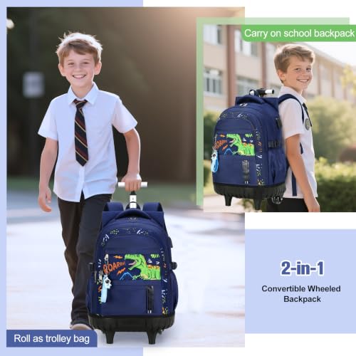 ACESAK 3PCS Rolling Backpack for Boys Children, Boys Backpack with Wheels - color: Dinosaur