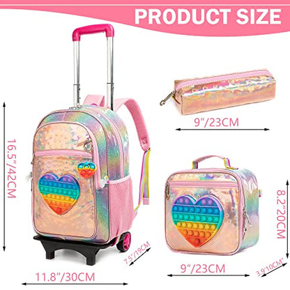 Meetbelify Girls Rolling Backpack Sequin Rolling Backpacks with Wheels for Girls for Elementary School Bag - color: Pu Love Roller