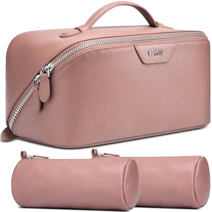 BOYATU Genuine Leather Travel Makeup Bag: Hand-made 3 Pcs Set Cosmetic Bags - color: 05Pink