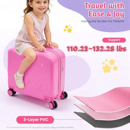 18" Kids Ride On Suitcase for Kids Rideable Luggage with Wheels Hard Shell Travel Suitcase with Lock Adjustable Handle Carry On Kids Luggage for Airplane Travel and Vacation (Pink) - color: Pink