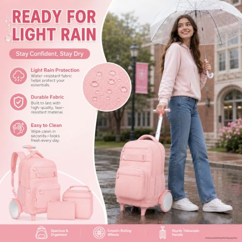 3Pcs Large Wheels Rolling Backpack for Girls Women, 20 Inches Detachable Wheeled Backpack Set, Water Resistant Roller Backpack for Travel Work College School (Pink) - color: Cassic-pink (Large Wheels)