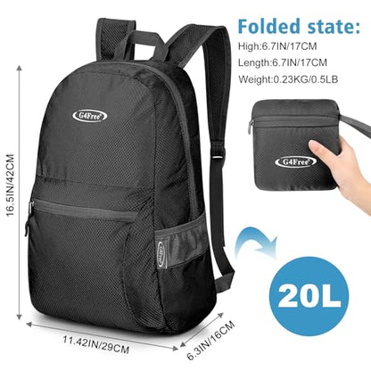 G4Free 20L Lightweight Packable Backpack Travel Hiking Daypack Foldable Backpack for Men Women - color: Black Update, size: 20L