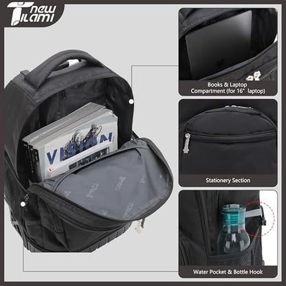 NEW TILAMI 16 Inch Rolling Backpack with Lunch Bag for Girls Boys School - color: Solid Black