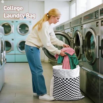 Laundry Bag Backpack for Dorm & Travel, 29 x 18" Large Dirty Bag - color: Black White Checkered