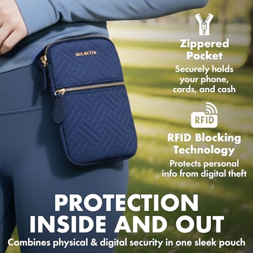 Magnetic Hip Pouch - RFID Blocking Pouch and Key Fob Protector - Zippered Pocket, Magnetic Snaplock Attachment - Lightweight Travel Wallet, Hip Bag for Concerts and Errands - Navy Quilt - color: Navy