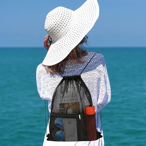 NATURAL STYLE 2 PACK Mesh Drawstring Backpack Bag, Multifunction Mesh Bag for Swimming, Athletic Gym, Clothes, Beach, Swim (Black) - color: Black