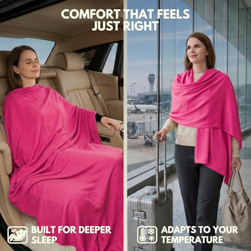 16-in-1 Compact Travel Blanket with Bag – Reversible, Ultra Soft Bamboo Airplane Blanket with Hidden Pocket – Packable for Flights & Travel Essentials (Semi-Weighted, Double Layer) - color: Pink/Black