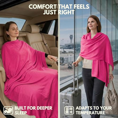 16-in-1 Compact Travel Blanket with Bag – Reversible, Ultra Soft Bamboo Airplane Blanket with Hidden Pocket – Packable for Flights & Travel Essentials (Semi-Weighted, Double Layer) - color: Pink/Black