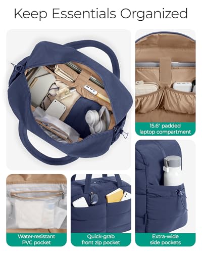 BAGSMART Gym Bag for Women, 2-PC Puffer Travel Duffle Bag Carry On Tote Bag - color: Navy Blue