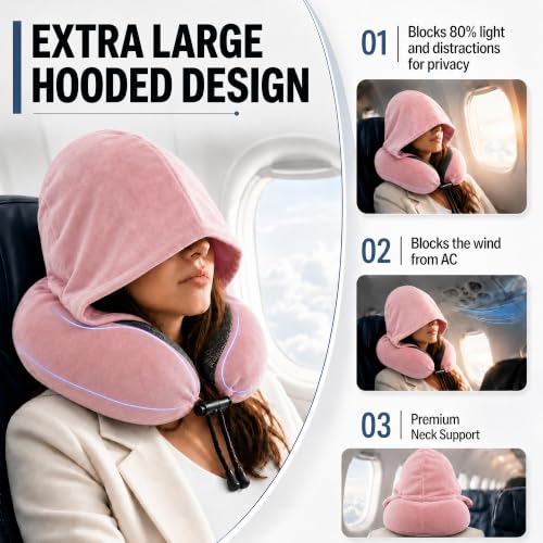 Travel Neck pillow for Airplane, with Large Hood Eye Mask Earplug and Bag - color: Pink