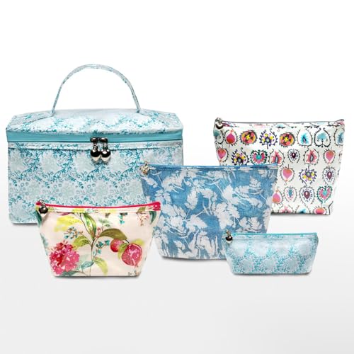 Vanity Bag/Train Case - Water-Resistant, PVC-Lined, Easy to Clean, Compact & Travel Ready Makeup Organizer - Aqua Trellis Print - color: Aqua Trellis, size: Large Vanity/Train Case