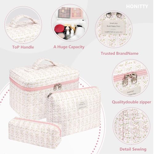 honitty Makeup Bag,Quilted Cosmetic Bags for Women - color: Pink flower