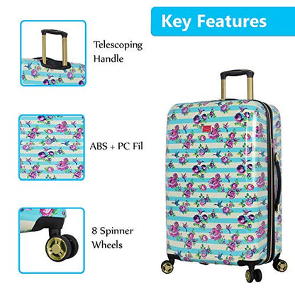 Betsey Johnson 26 Inch Checked Luggage Collection - Expandable Scratch Resistant (ABS + PC) Hardside Suitcase - Designer Lightweight Bag with 8-Rolling Spinner Wheels (Stripe Floral Hummingbird) - color: Stripe Floral Hummingbird
