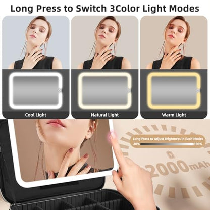 15''X11'' Large Makeup Bag with Removable Lighted Mirror, PU Leather - color: Black-Removable Mirror