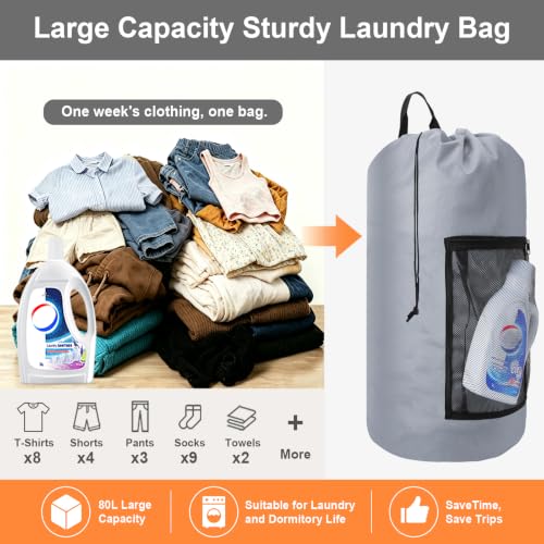 Laundry Backpack Portable Travel Laundry Bags with Straps and Mesh Pocket - color: Gray, size: 1 Pack