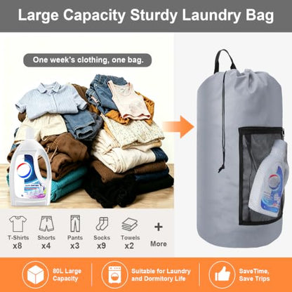 Laundry Backpack Portable Travel Laundry Bags with Straps and Mesh Pocket - color: Gray, size: 1 Pack