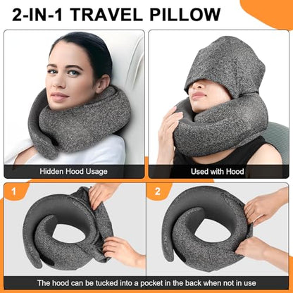 Travel Pillow - Hooded Neck Pillow Airplane Memory Foam Filling - color: Pink
