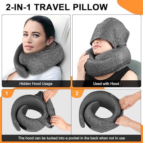 Travel Pillow - Hooded Neck Pillow Airplane Memory Foam Filling - color: Midnight Blue