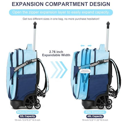 NEW TILAMI 18 Inch Expandable Rolling Backpack Stair-Climbing for School - color: Sky Blue