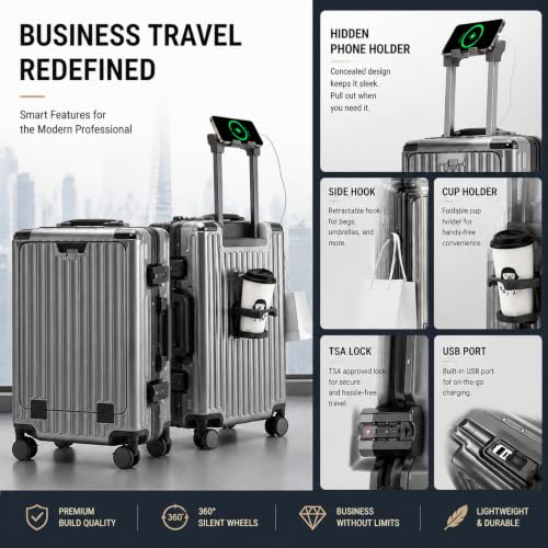 20" Aluminum Frame Carry-On with Front Pocket & USB Port - color: Gray