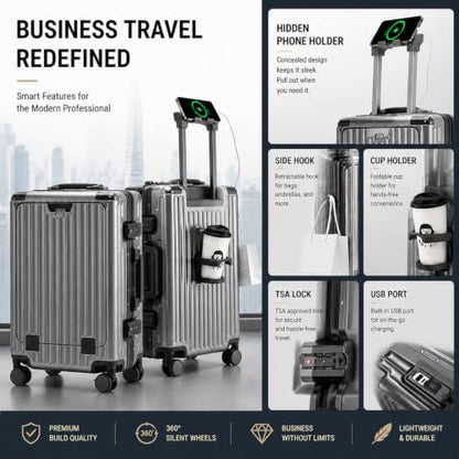 20" Aluminum Frame Carry-On with Front Pocket & USB Port - color: Gray