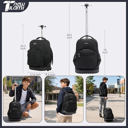 NEW TILAMI 18-Inch Rolling Backpack 6-Wheel for Kids School Travel - color: Black