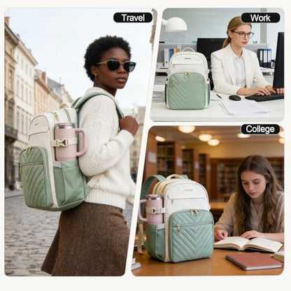 VANKEAN 15.6 Inch Laptop Backpack for Women Large Capacity - color: Beige Light Green, size: 15.6 Inch