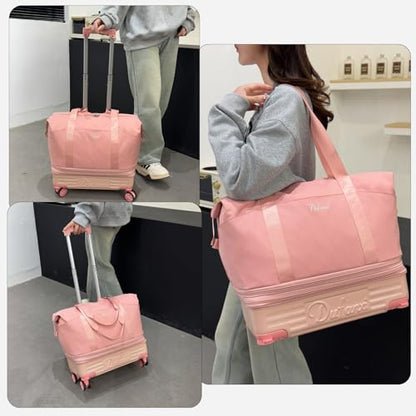 Rolling Duffle Bag with Wheels and Handle, Expandable Foldable Carry On Luggage with Removable Wheels, Personal Item Travel Bag, Lightweight Duffel Tote for Gym Hospital Weekender (Blush Pink) - color: Blush Pink