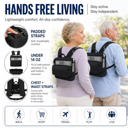O2TOTES Backpack Fit for Rhythm P2 E6/E7 & React Health POC2000 Models Only | Bag only, charge without removing unit, battery and cord storage, clear top to view screen, padded chest and waist straps - style: Black