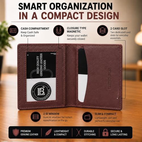 Leatherboss Slim Thin Leather Credit Card Id Mini Wallet Holder Bifold Driver's License Safe (Wine) - color: Wine