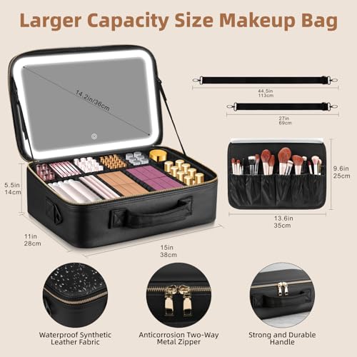 15''X11'' Large Capacity Makeup Bag with LED Mirror, Professional Makeup Case Organizer with 3 Color Light Adjustable Brightness, Travel Make up Cosmetic Case with Detachable Dividers & Shoulder Strap - color: Black, style: Integrated