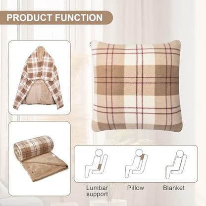 forestfish Wearable Blanket Compact Pillow 2-in-1, Flannel Lap Blanket Poncho with Button Plaid Throw Cushion for Home Office Sofa - color: Light Brown